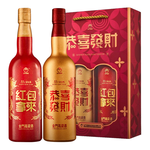 金門酒廠緞金龍(恭喜發財/紅包拿來-2024新春)雙瓶組高粱酒【禮盒】